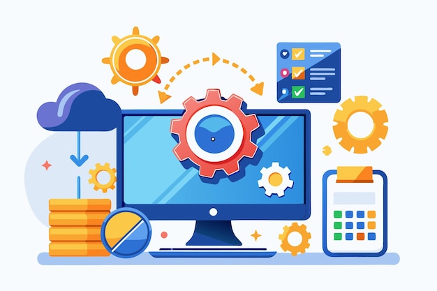 Ein Computerdisplay zeigt Gears Cloud-Elemente und Checklisten, die sich auf Systemupdates und Wartung konzentrieren.