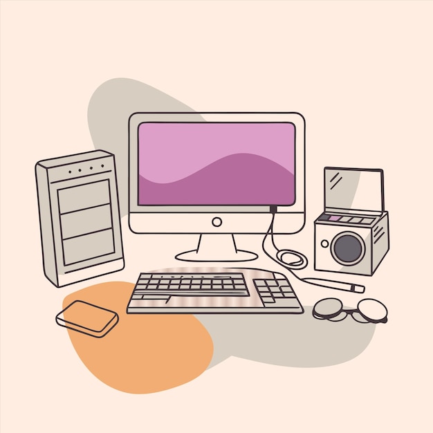 ein Computermonitor mit einer Schachtel auf der Vorderseite und einem Bild einer Kamera auf der Unterseite