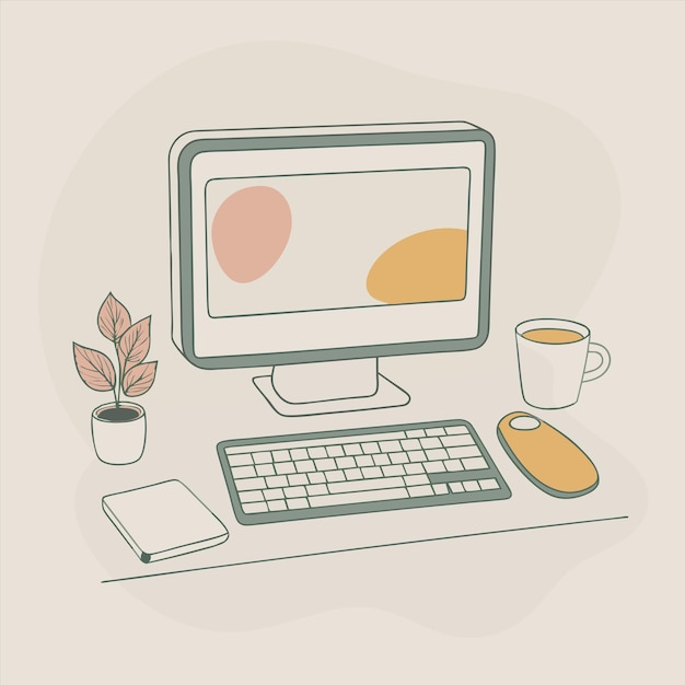 ein Computermonitor mit einer Tasse Kaffee und einem Becher Kaffee
