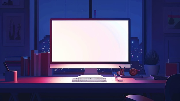 Vektor ein computermonitor mit rotem und blauem hintergrund mit einem nachthimmel im hintergrund