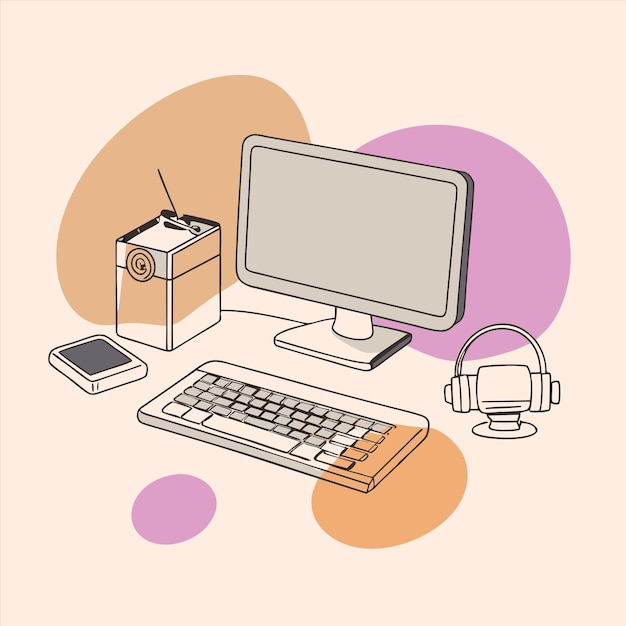 ein Computermonitor und eine Schachtel mit Geweben mit einem rosa und lila Kreis an der Spitze