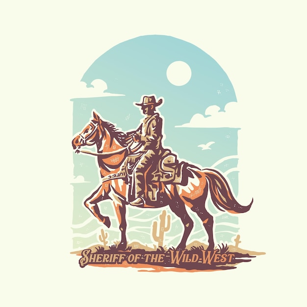 Vektor ein cowboy reitet auf einem pferd in der wüste mit einer vintage-retro-stil-illustration