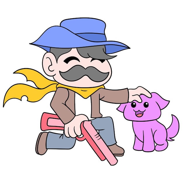 Ein cowboy-sheriff trägt freundlich eine schrotflinte mit seinem hund, vektorgrafiken. doodle symbolbild kawaii.