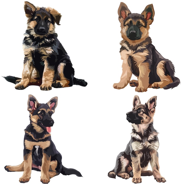 Ein deutscher Schäferhunde-Wurf sitzt nieder.