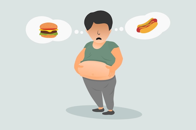 Ein dicker Mann mit einem übergewichtigen Bauch, der seinen Bauch hält