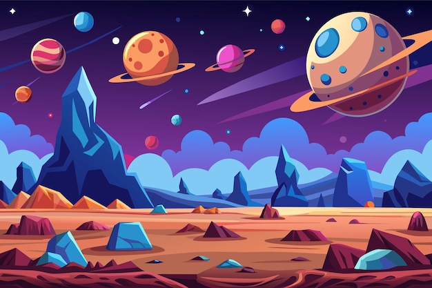 ein digitales Gemälde von Planeten und Planeten in einer Wüste
