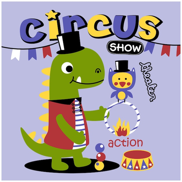 Ein dinosaurier, der einen lustigen tier-cartoon im zirkus spielt