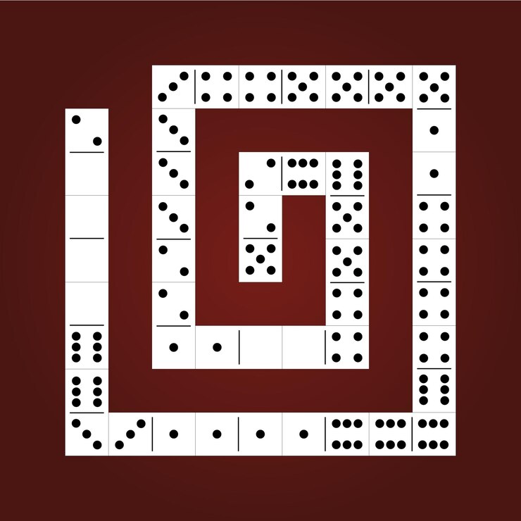 Ein Dominospiel mit weißen Steinen auf rotem Grund