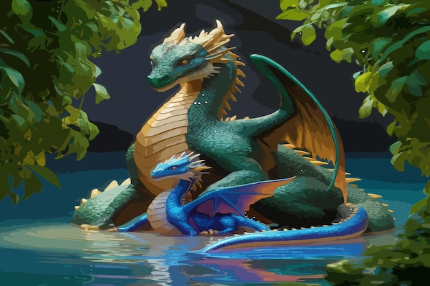 Vektor ein drache mit einem drachen auf dem kopf sitzt auf einer wasseroberfläche