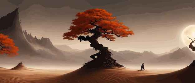 Ein düsterer herbstlicher orangenbaum in der wüste vor bergen und hügeln im hintergrund in einem fantasy-weltvektor