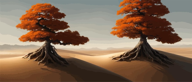 Ein düsterer herbstlicher orangenbaum in der wüste vor bergen und hügeln im hintergrund in einem fantasy-weltvektor