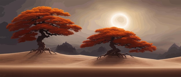 Ein düsterer herbstlicher Orangenbaum in der Wüste vor Bergen und Hügeln im Hintergrund in einem Fantasy-Weltvektor