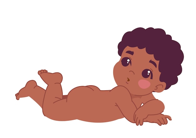 Vektor ein dunkelhäutiges süßes baby liegt mit einem überraschten gesichtsausdruck auf dem bauch. ein nacktes kind liegt. farbkarikaturillustration lokalisiert auf weißem hintergrund. neugeborenes baby-symbol.