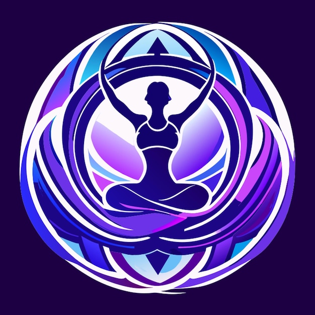 Vektor ein dynamisches logo, das eine anmutig gewölbte figur in einer yoga-pose darstellt, die von wirbelnden linien umgeben ist