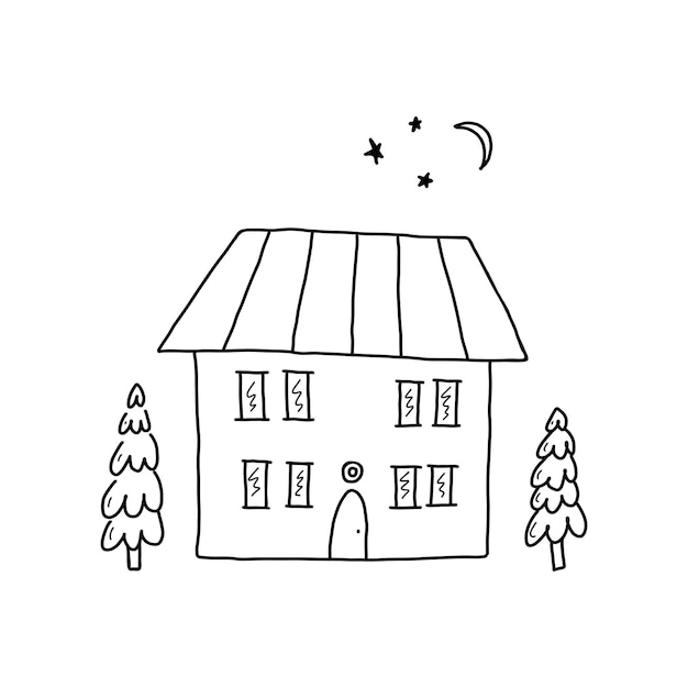 Ein einfaches haus mit fenstern, sternen und mond am himmel. vektorillustration im stil von kritzeleien