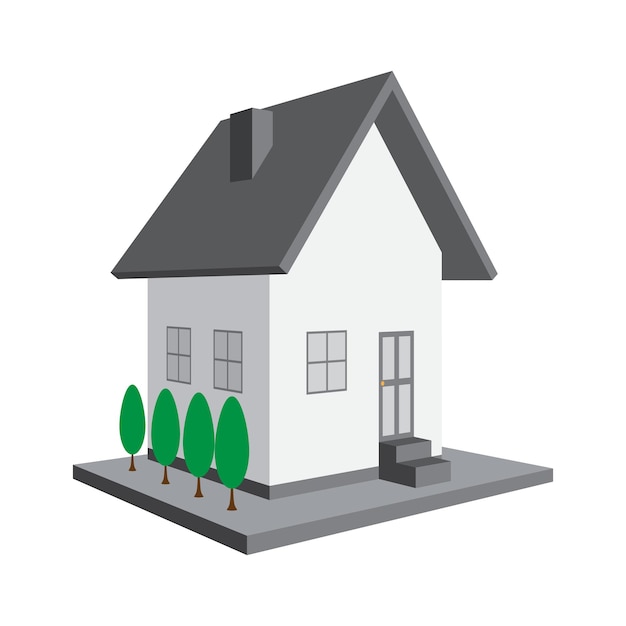 Ein einfaches Haus mit grauem Dach, weißen Wänden, vier grünen Büschen, einer vorderen Treppe mit minimalistischem Design und einer isometrischen Ansicht