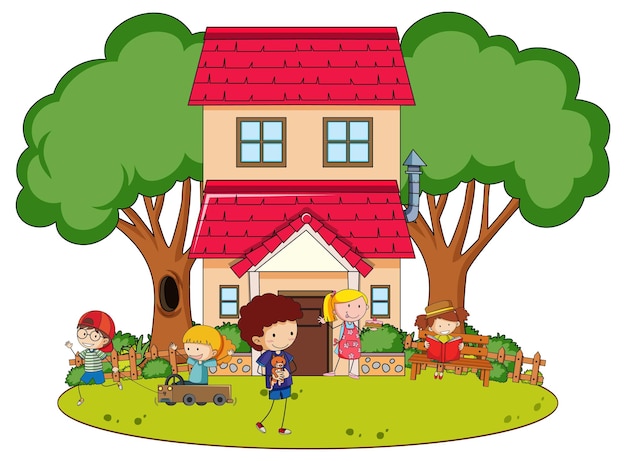 Ein einfaches Haus mit Kindern im Naturhintergrund