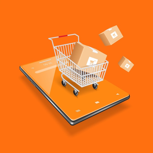 Ein Einkaufswagen wird auf ein orangefarbenes Smartphone und den herausgeschwommenen Paketkasten gestellt