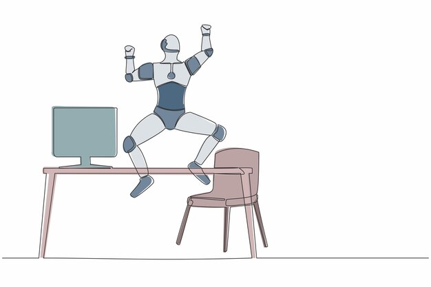 Ein einzelner kontinuierlicher Linie glücklich Roboter springt mit erhobenen Händen in der Nähe des Schreibtisches Arbeitsplatz Vektor-Illustration