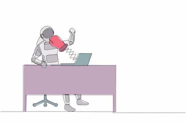Ein einzelner kontinuierlicher Zeichner, der von Boxhandschuhen aus einem Laptop geschlagen wird