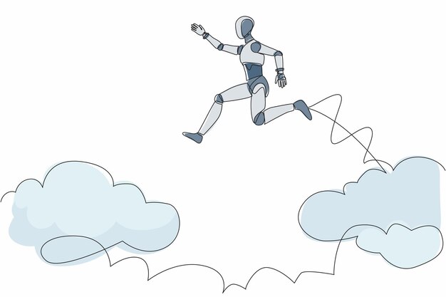 Ein einzelner Zeichner, ein furchtloser, tapferer Roboter, der das Risiko eingeht, über Wolken zu springen, um seinen Erfolg zu erreichen.