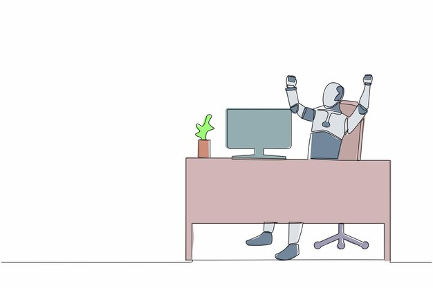 Ein einzelner Zeichner, ein glücklicher Roboter, der mit erhobener Hand in der Nähe eines Schreibtischcomputers sitzt, erfolgreiches Geschäft