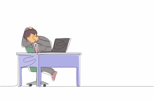 Ein einzelnes kontinuierliches Zeichnen von Linien von verängstigtem Mann, der als Manager auf einen Laptop-Computer-Bildschirm schaut.