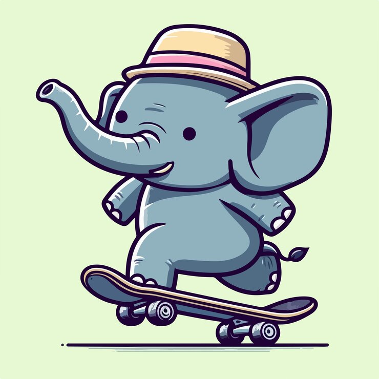 Vektor ein elefant spielt skateboard im cartoon-stil. maskot-konzeptillustration
