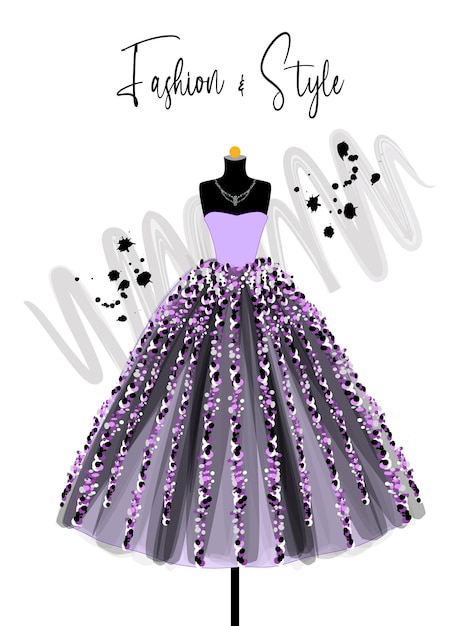 Ein elegantes Kleid mit ausgefallenem Dekor auf Mannequin-Modeillustration