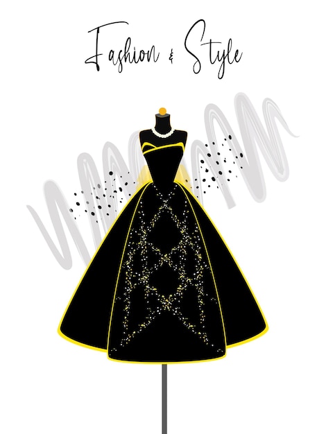 Ein elegantes schwarzes kleid auf mannequin-modeillustration