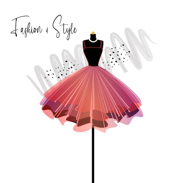 Ein elegantes schwarzes und rosafarbenes kleid auf mannequin-modeillustration