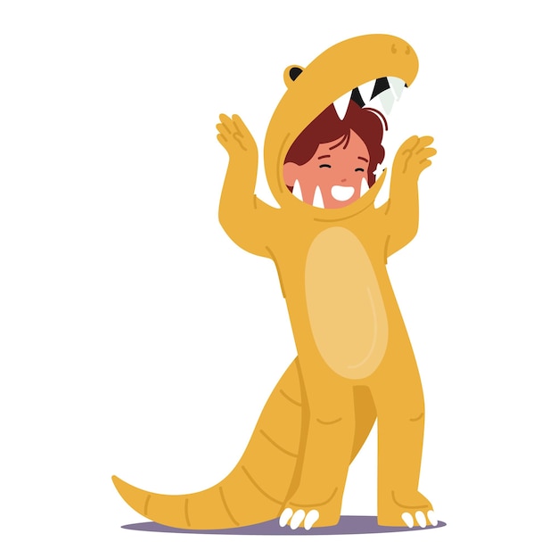 Vektor ein entzückendes kind trägt ein dinosaurier-kostüm, brüllt und strahlt charme und aufregung aus, während es umherwandert und spielt kindercharakter, der prähistorischen spaß zum leben bringt cartoon-menschen vektorillustration
