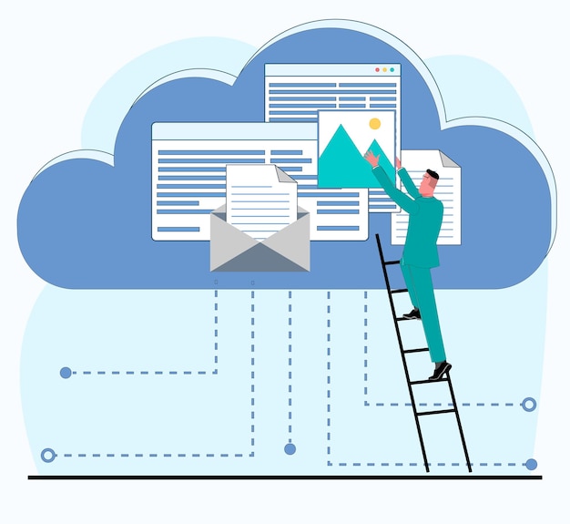 Vektor ein erfolgreicher geschäftsmann erklimmt die leiter in die cloud, um eine datei im cloud-speicher abzulegen