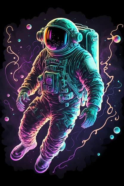 Ein farbenfroher Weltraumastronaut mit schwarzem Hintergrund und Neonfarben.