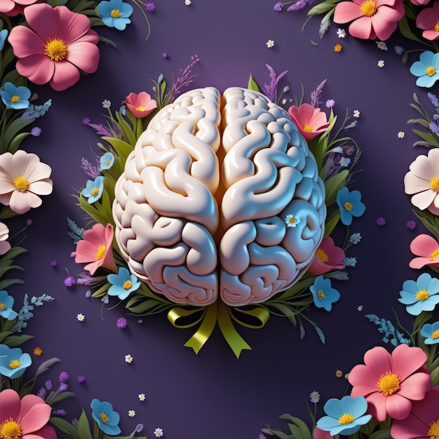ein farbenfrohes Bild eines Gehirns mit Blumen und dem Wort Gehirn darauf