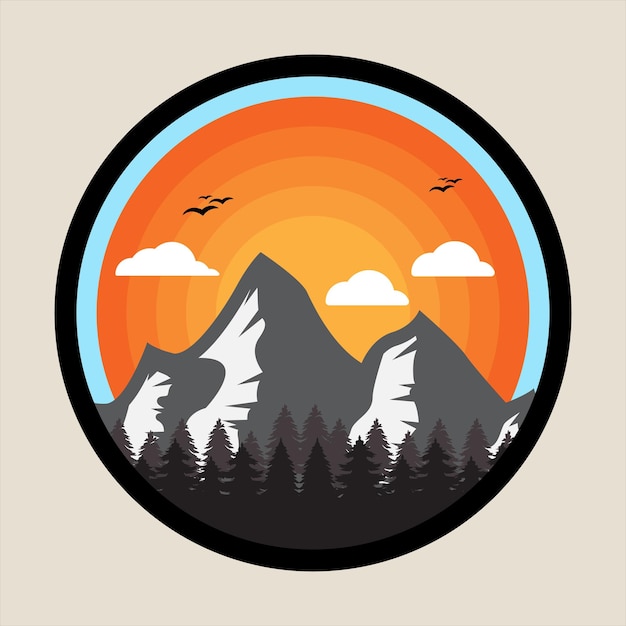 Vektor ein farbenfrohes bild von bergen und einem regenbogen mit einem sonnenuntergang im hintergrund ein wild-logo