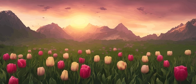 Ein feld von tulpen vor dem hintergrund von bergen frühlingsbanner vektor-illustration riesiges feld von