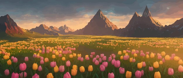 Ein feld von tulpen vor dem hintergrund von bergen frühlingsbanner vektor-illustration riesiges feld von