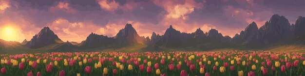 Vektor ein feld von tulpen vor dem hintergrund von bergen frühlingsbanner vektor-illustration riesiges feld von