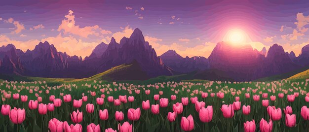 Vektor ein feld von tulpen vor dem hintergrund von bergen frühlingsbanner vektor-illustration riesiges feld von