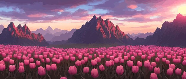 Ein feld von tulpen vor dem hintergrund von bergen frühlingsbanner vektor-illustration riesiges feld von