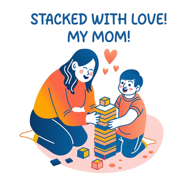 Ein flacher Aufkleber eines Kindes, das mit seiner Mutter ein Stack-Spiel spielt