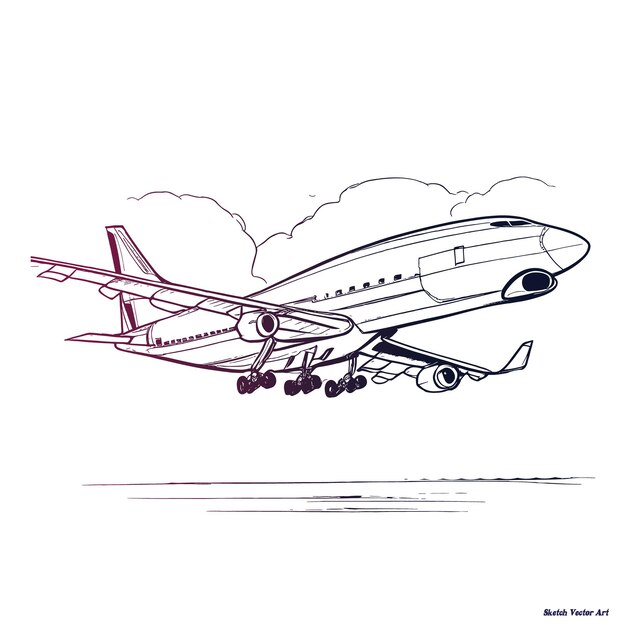 Ein flugzeug, das über eine landebahn fliegt, und handzeichnung einer skizzenkunstillustration