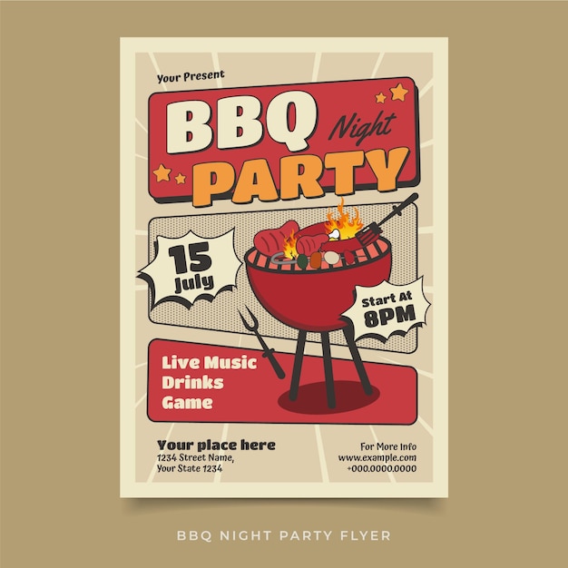 Vektor ein flyer für eine grillparty mit einem grill und einem schild mit der aufschrift „your place party party“.