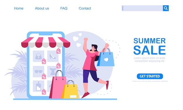 Ein frauengeschäft mit sommerrabatt im geschäft für mobile anwendungen. online-shopping-konzept, perfekt für webdesign, banner, mobile app oder landing page. skalierbare und bearbeitbare illustration.