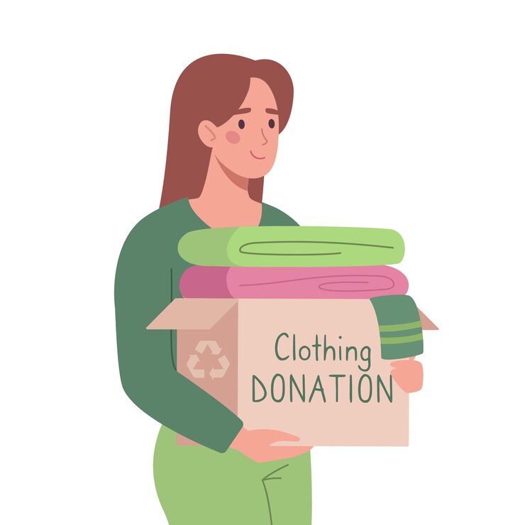 Ein freiwilliges Mädchen trägt eine Kiste mit alten Kleidern, um den armen Wohltätigkeitsspenden an Bedürftige zu helfen