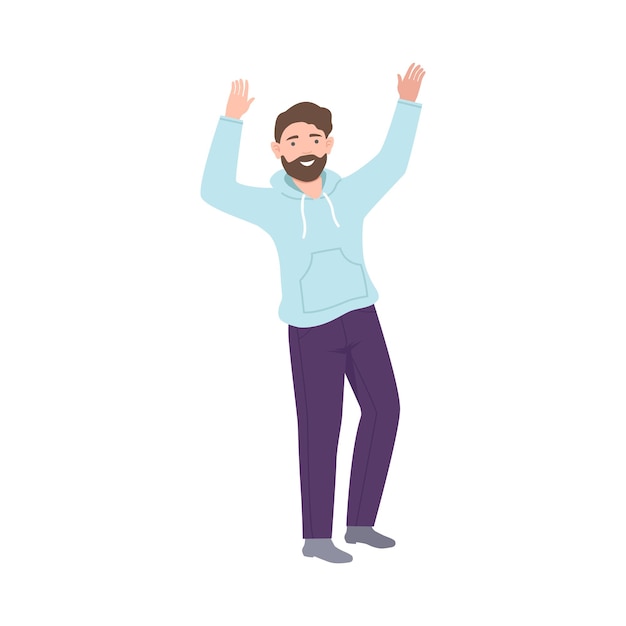 Ein freudiger Mann mit erhobenen Händen, der über etwas jubelt Vektor-Illustration