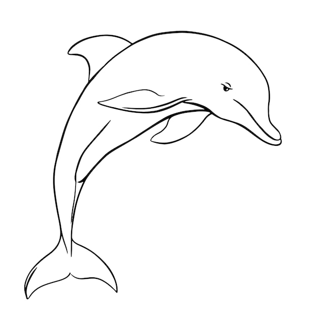 Ein fröhlicher Delphin, der aus dem Wasser springt. Vektorillustration im Gravurstil. Clipart für das Emblem mit einer dünnen schwarzen Linie auf weißem Hintergrund