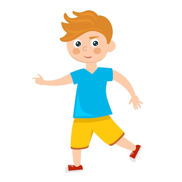 Ein fröhlicher junge in gelben shorts in einer cartoon-stil-vektor-illustration