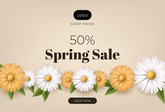 Ein Frühlingsverkaufsbanner mit weißen gelben Blumen, auf dem 50% Rabatt auf Werbeaktionen und Marketing angeboten wird
